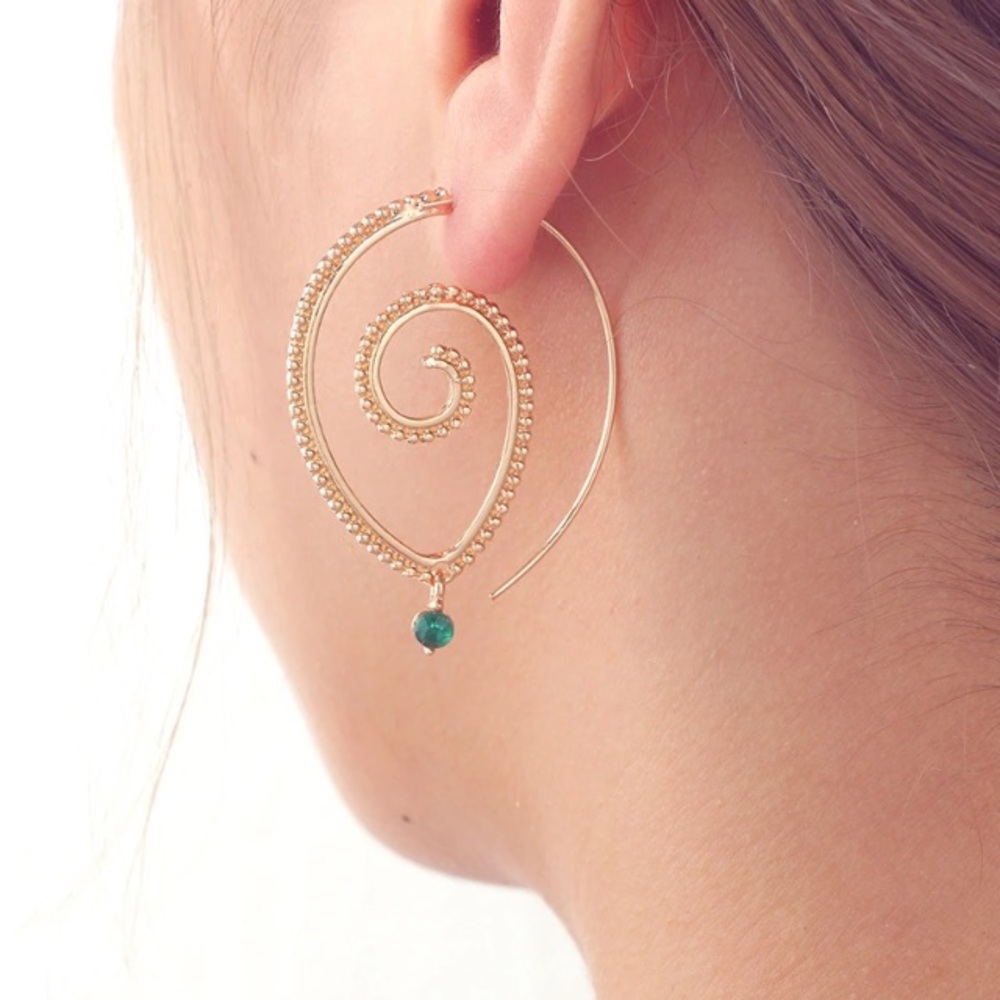 Boho Gold Color Round Spiral Drop Earrings - Picture 2 of 4